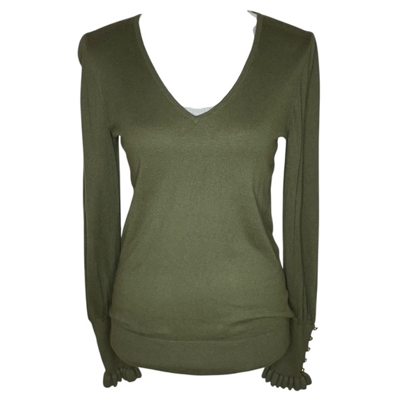 Lauren Ralph Lauren Olive Green V-Neck Sweater, Gold Button Cuff Detail Size SP - Picture 2 of 13